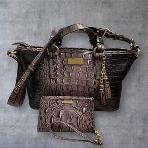 Brahmin Melbourne Mini Asher Satchel Handbag & Wristlet Croc Embossed Leather